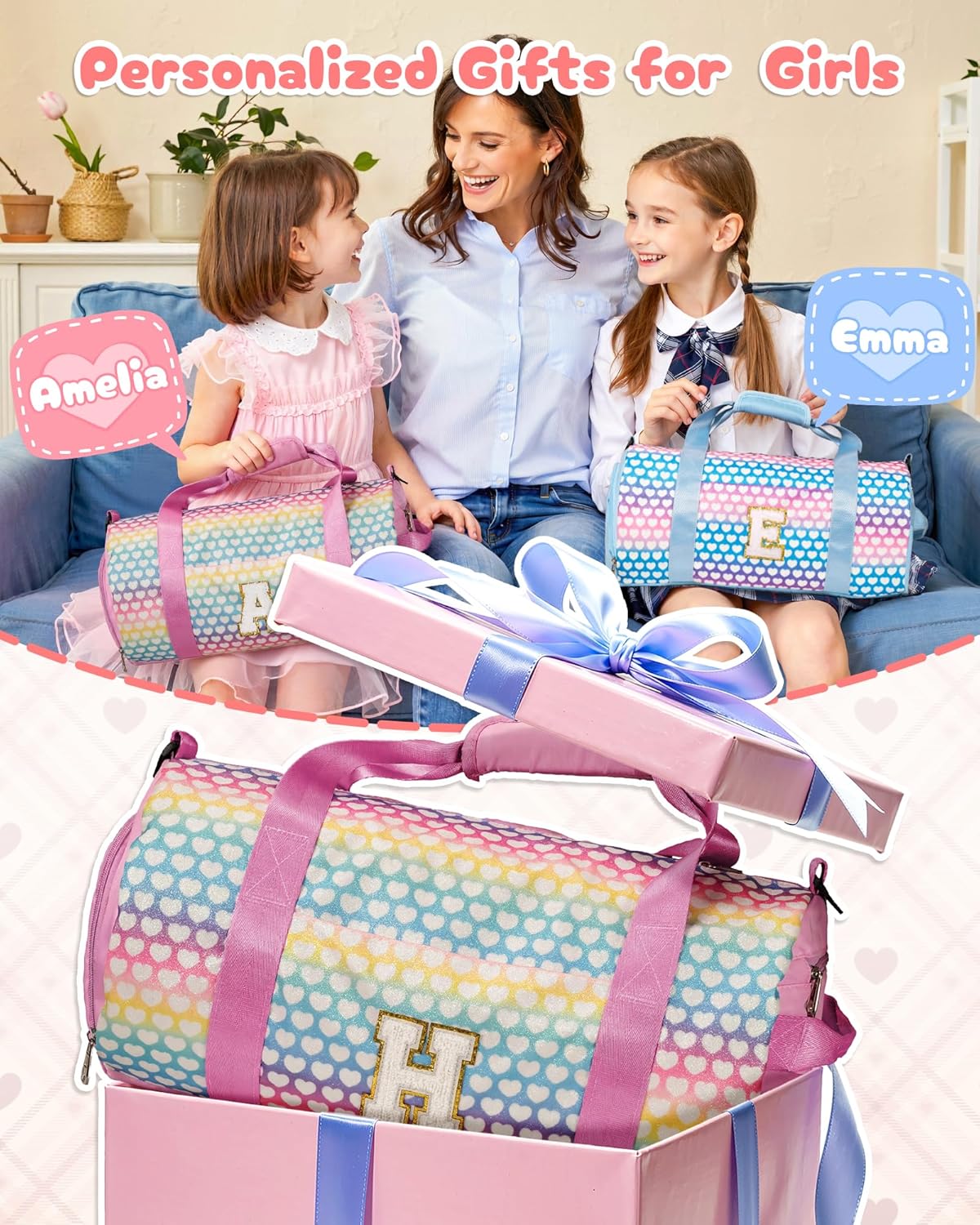 Birthday Gifts for 12 Year Old Girl, Girls Travel Duffel Bag, Kids Initial Overnight Bags with Shoe Compartment, Personalized Weekender Bag with Makeup Pouch, Trendy Stuff (Letter B)