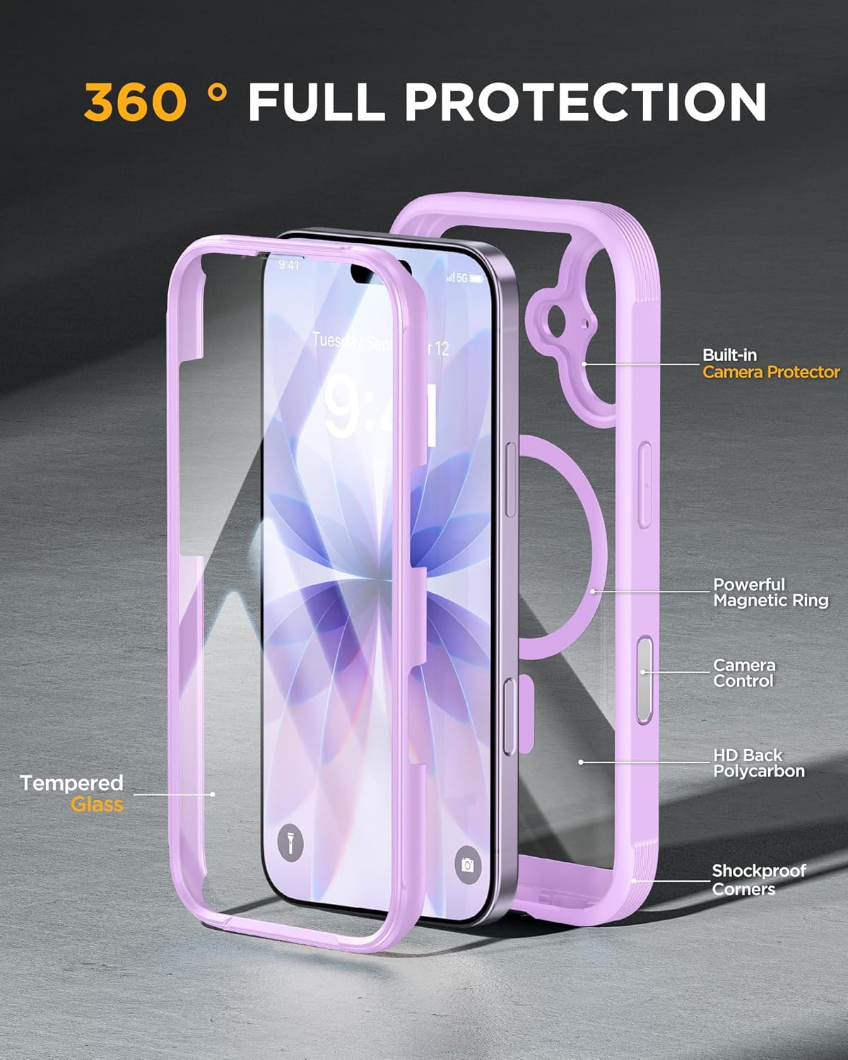 Miracase for iPhone 17 Case 6.3'', Full-Body Military Grade Drop Protection Outdoor Phone case with Built-in Glass Screen &Camera Control,Easy Installation,No Gap,Compatible with MagSafe, Light Purple