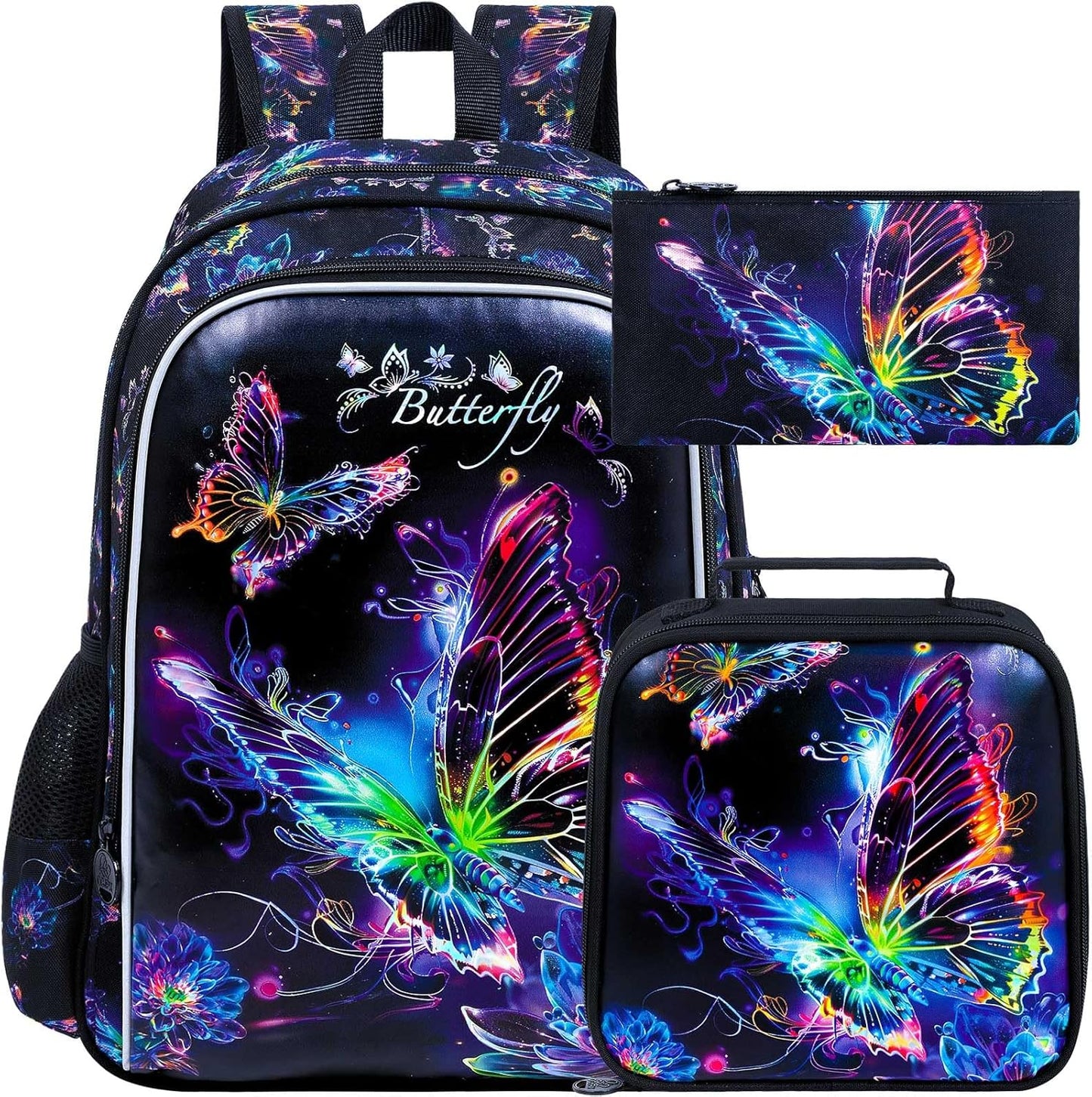 CCJPX 3PCS Backpack for Girls, 16 Inch Butterfly Preschool School Backpacks with Lunch Box, Water Resistant Bookbag with Elementary Toddler Travel