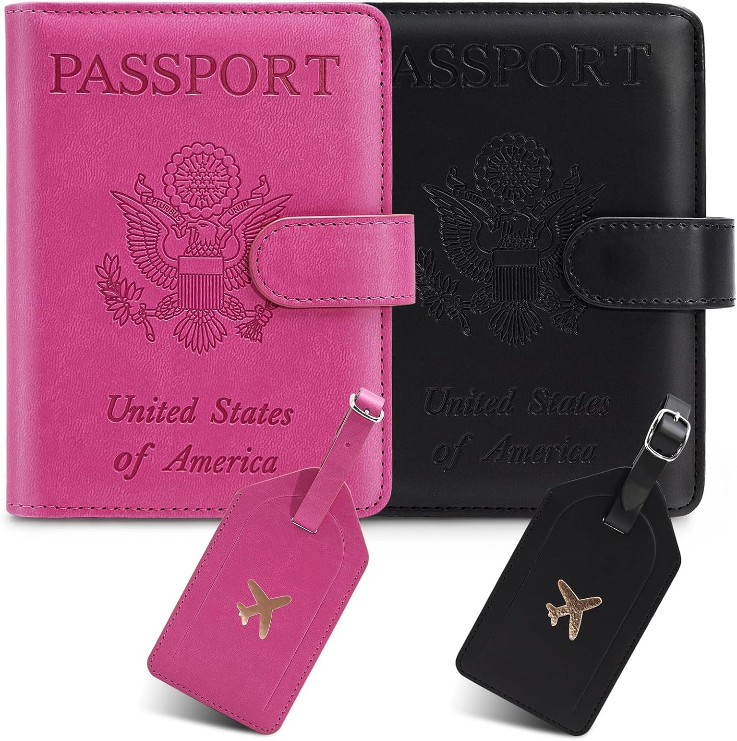 2 Pack Passport Holder For Travel with Luggage Tag Cover – RFID Blocking Passport Wallet Holder for Travel Women/Men | PU Leather Passport Case with Money Pocket, Black/Pink
