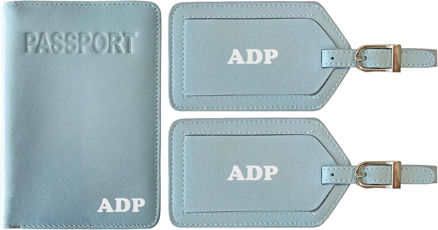 Personalized Monogrammed Chambray Leather RFID Passport Cover Holder and 2 Luggage Tags