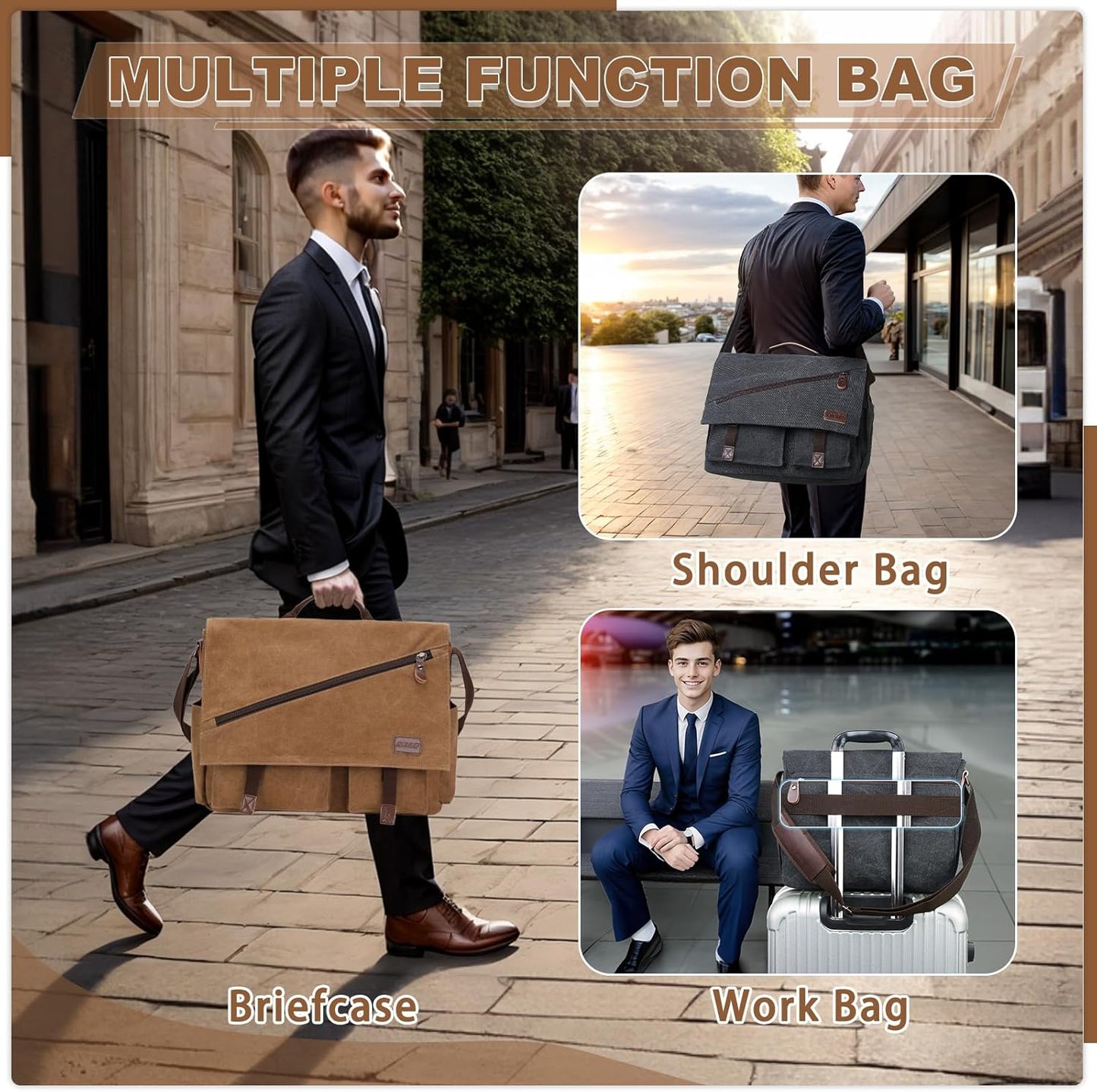 Messenger Bag for Men,Water Resistant Canvas Satchel 14 15.6 17 Inch Laptop Briefcases Business Shoulder Bag by RAVUO