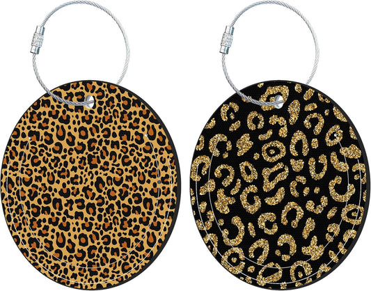 Round Cute Luggage Tags 2 Pack Leopard Grain Creative Baggage Tags,Cruise Travel Baggage Suitcases Tag with Stainless Steel Loop ID Tag Privacy Flap