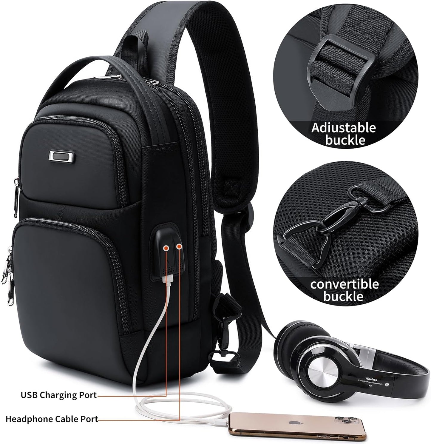 DUSLANG Crossbody Hiking Daypack for Men, Shoulder Backpack Crossbody Chest Bags with USB Charger Port For Outdoor Camping Biking Travel Cycling