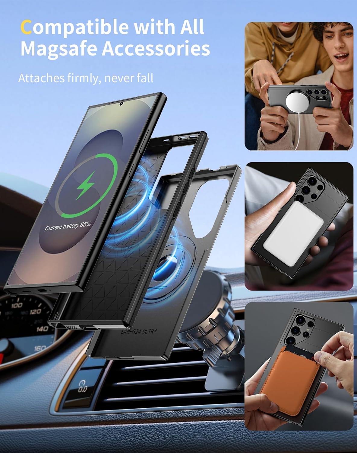 for Samsung Galaxy S25 Ultra Case Magnetic Compatible with MagSafe Wireless Charging,with 1 Screen Protector,Built-in 360° Kickstand Ring Anti-Scratch Shockproof Heavy Duty Protection Black