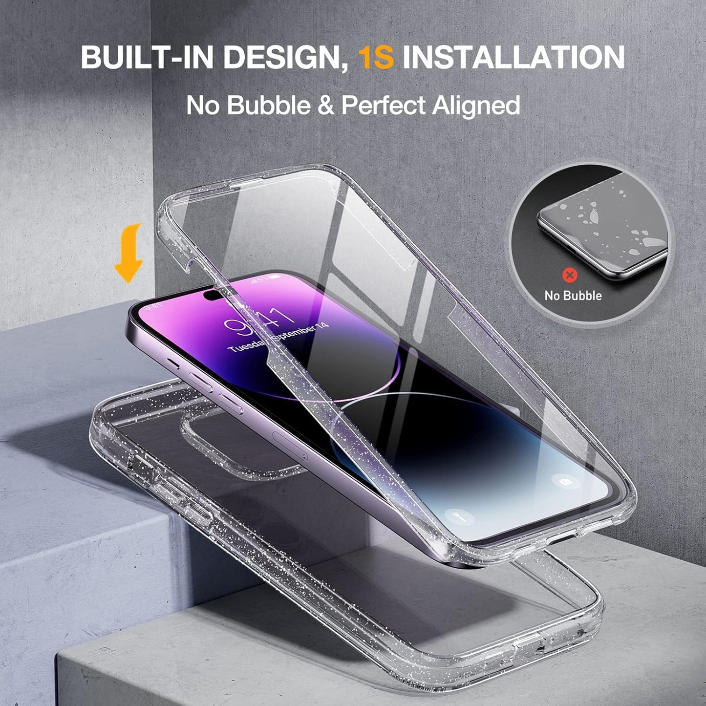 Miracase Glass Series Designed for iPhone 14 Pro Max Case 6.7 Inch, Upgrade Full-Body Bumper Case with Built-in 9H Tempered Glass Screen Protector, with Camera Lens Protector, Glitter Clear