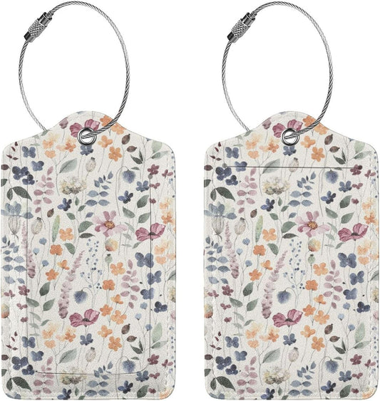 2 Pack Luggage Tag for Suitcase, Cute Leather Suitcase Tags Identifiers with Privacy Name Address Labels Durable Steel Loop for Women Men Girl Travel(Cute Watercolor Flowers)