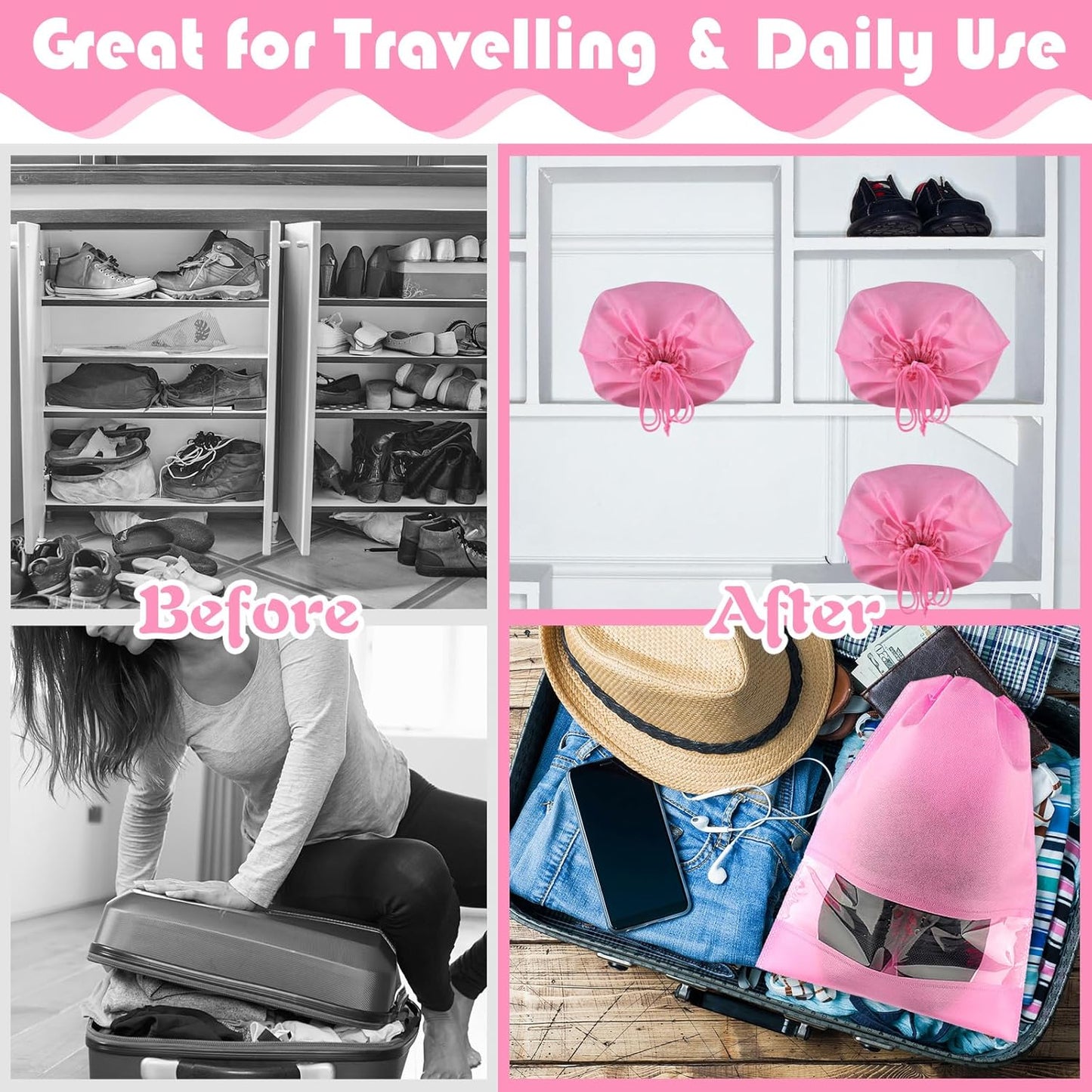 Large Pink Travel Shoe Bags - 10 Pcs, Non-Woven Drawstring with Clear Window (12.6" X 17.3")
