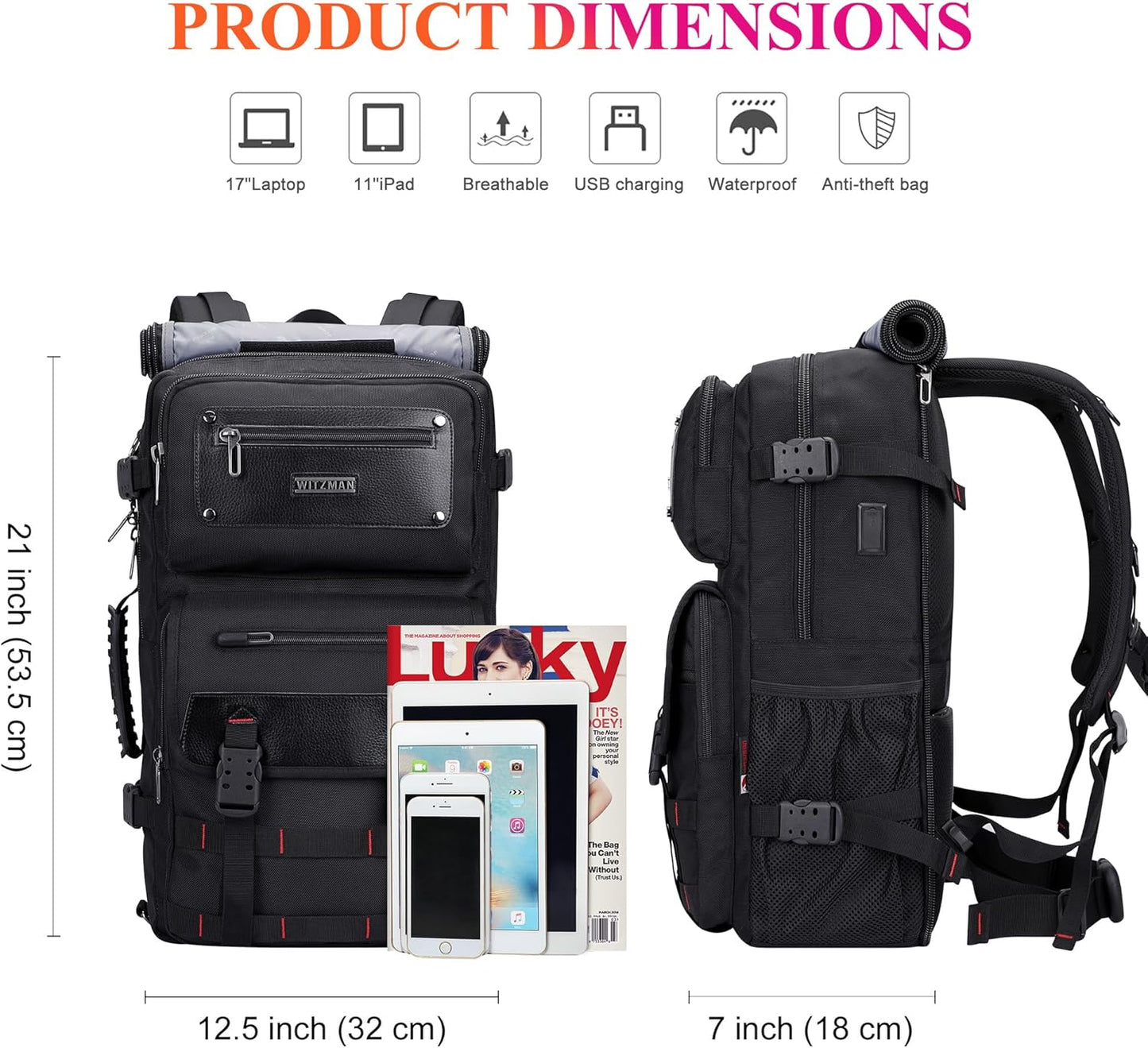 WITZMAN Carry On Travel Backpack for Men Duffle Bags Fit for 17 Inch Laptop Airline Approved Laptop Backpack(B685 Black)