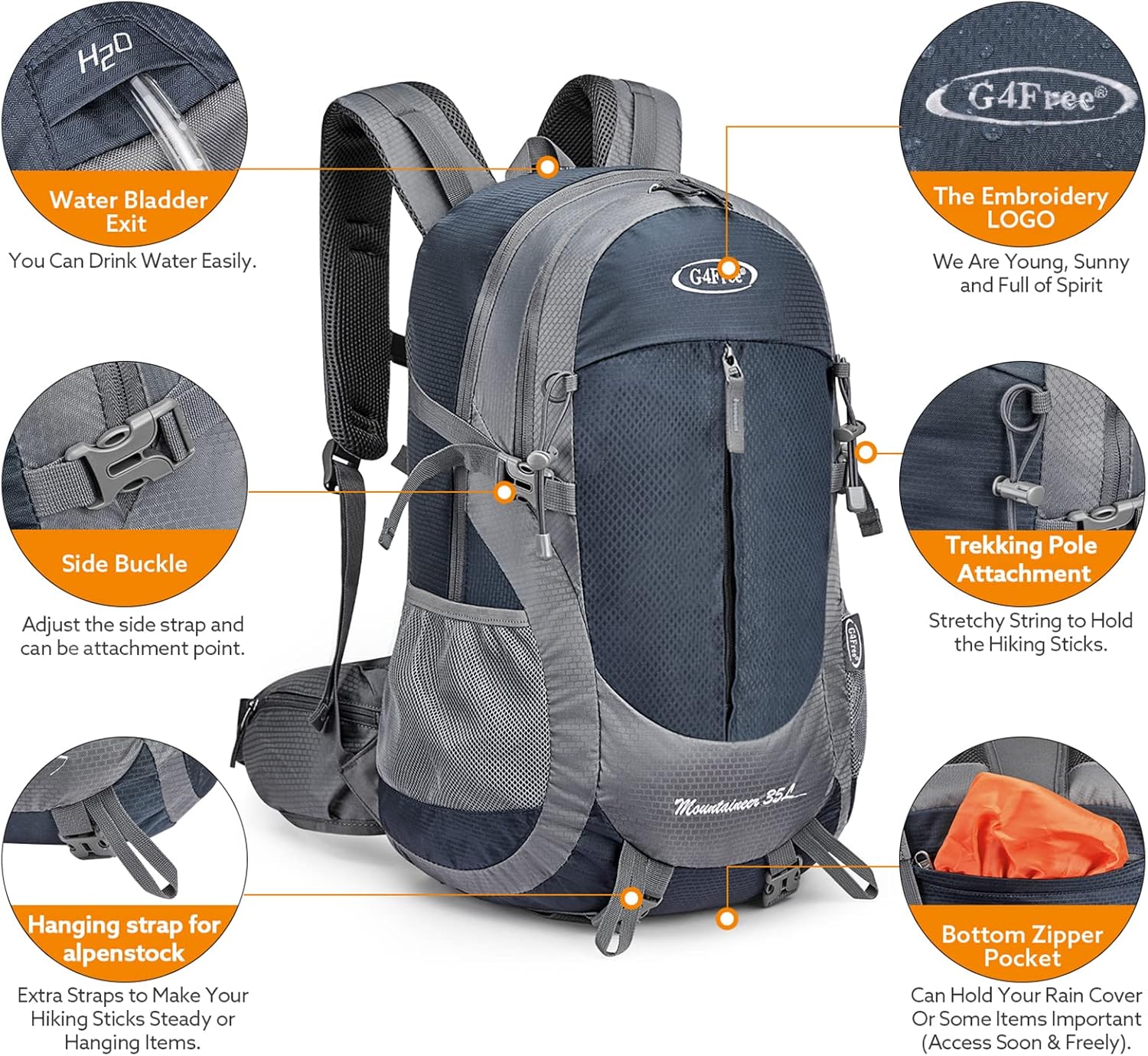 G4Free 35L Hiking Backpack Water Resistant Outdoor Sports Travel Daypack Lightweight with Rain