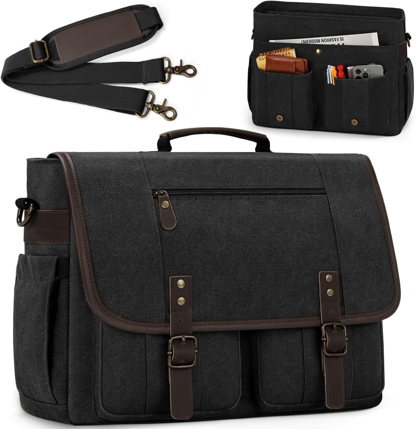 RAINSMORE Mens Messenger Bag 17-17.3 Inch Vintage Canvas Briefcase Water-resistant Large Computer