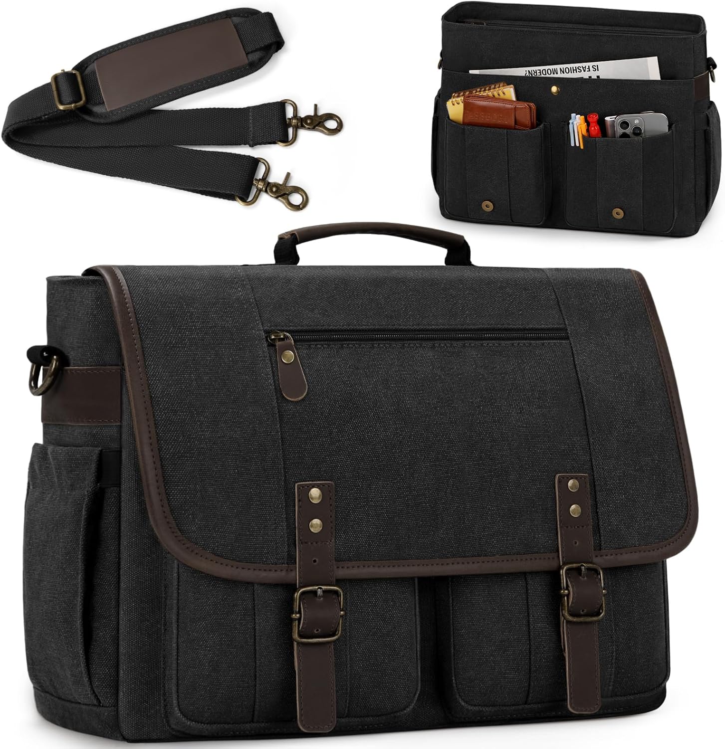 RAINSMORE Mens Messenger Bag 17-17.3 Inch Vintage Canvas Briefcase Water-resistant Large Computer