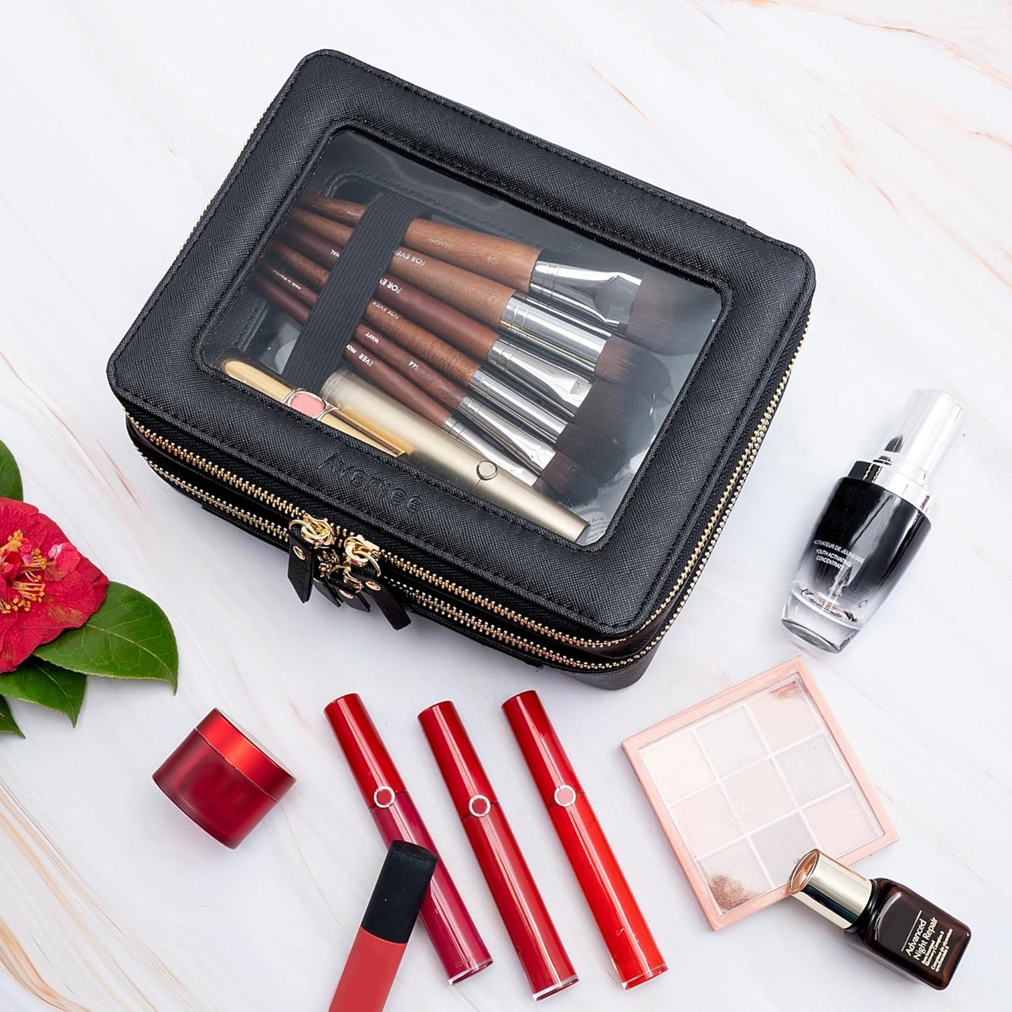 Aveniee Clear Makeup Bags,Double Layer Cosmetic Bags with Separate Brush Compartment,Large Travel