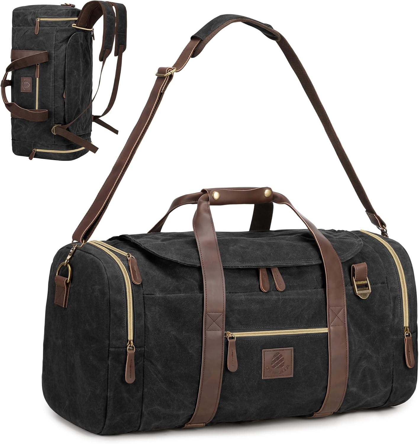 50L Duffle Bag for Men, Nomad Waxed Canvas Travel Duffel Bag Vintage Genuine Leather Travel Handbag Upgraded Weekender Overnight Backpack with Shoes Compartment (Vintage Black, Large-50L)