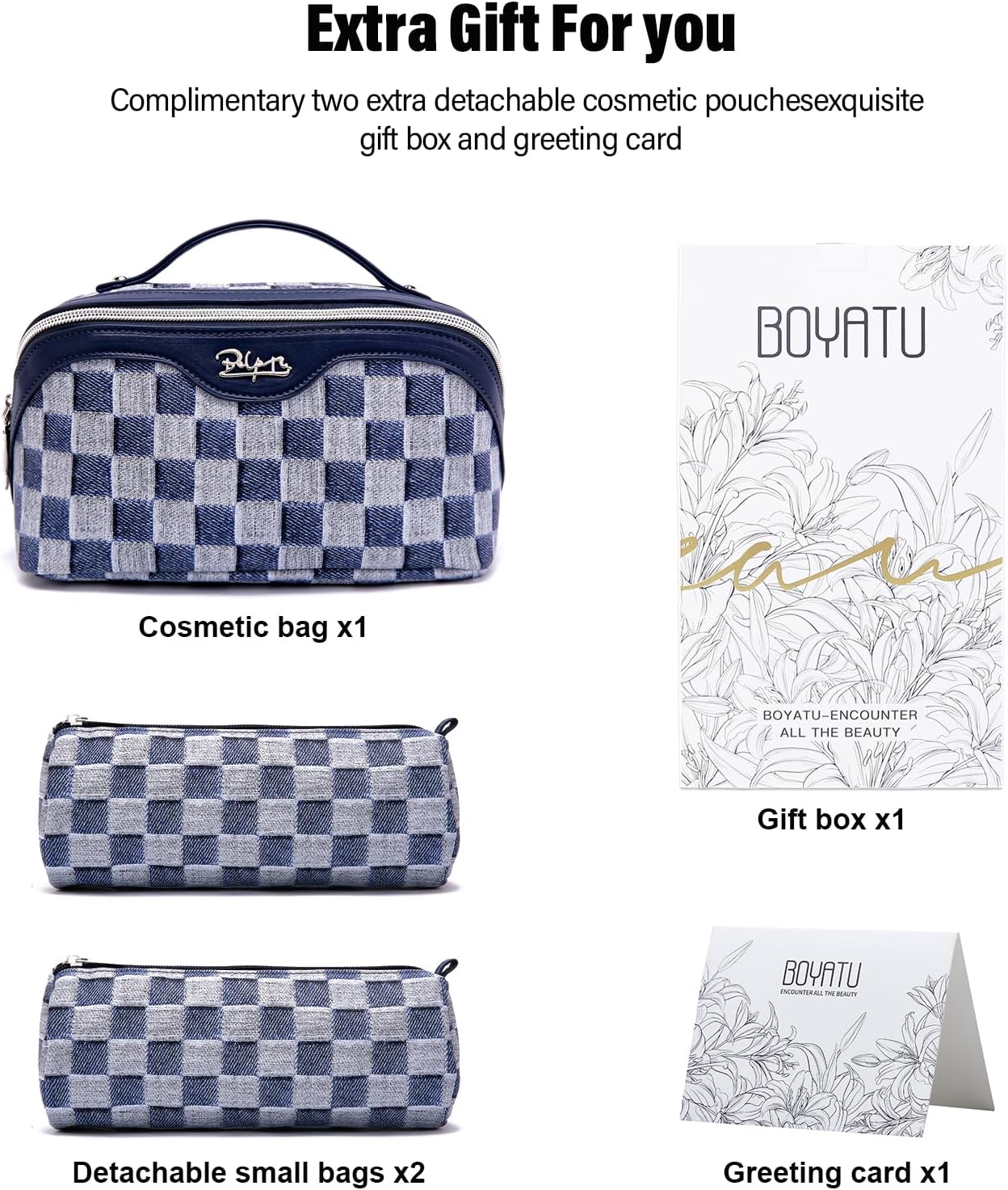 BOYATU Travel Makeup Bag for Women: Large Cosmetic Bag Set of 3 - PU Leather Make up Bag with