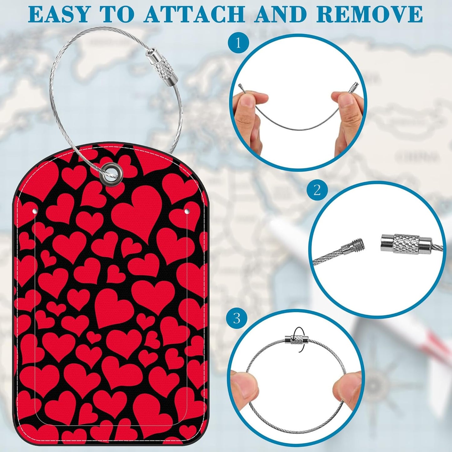 2 PCS Leather Luggage Tag for Suitcase Red Lips and Hearts Travel Suitcase Labels with Privacy Name ID Label and Stainless Steel Loop for Adults Teens Travel Bag Labels Set