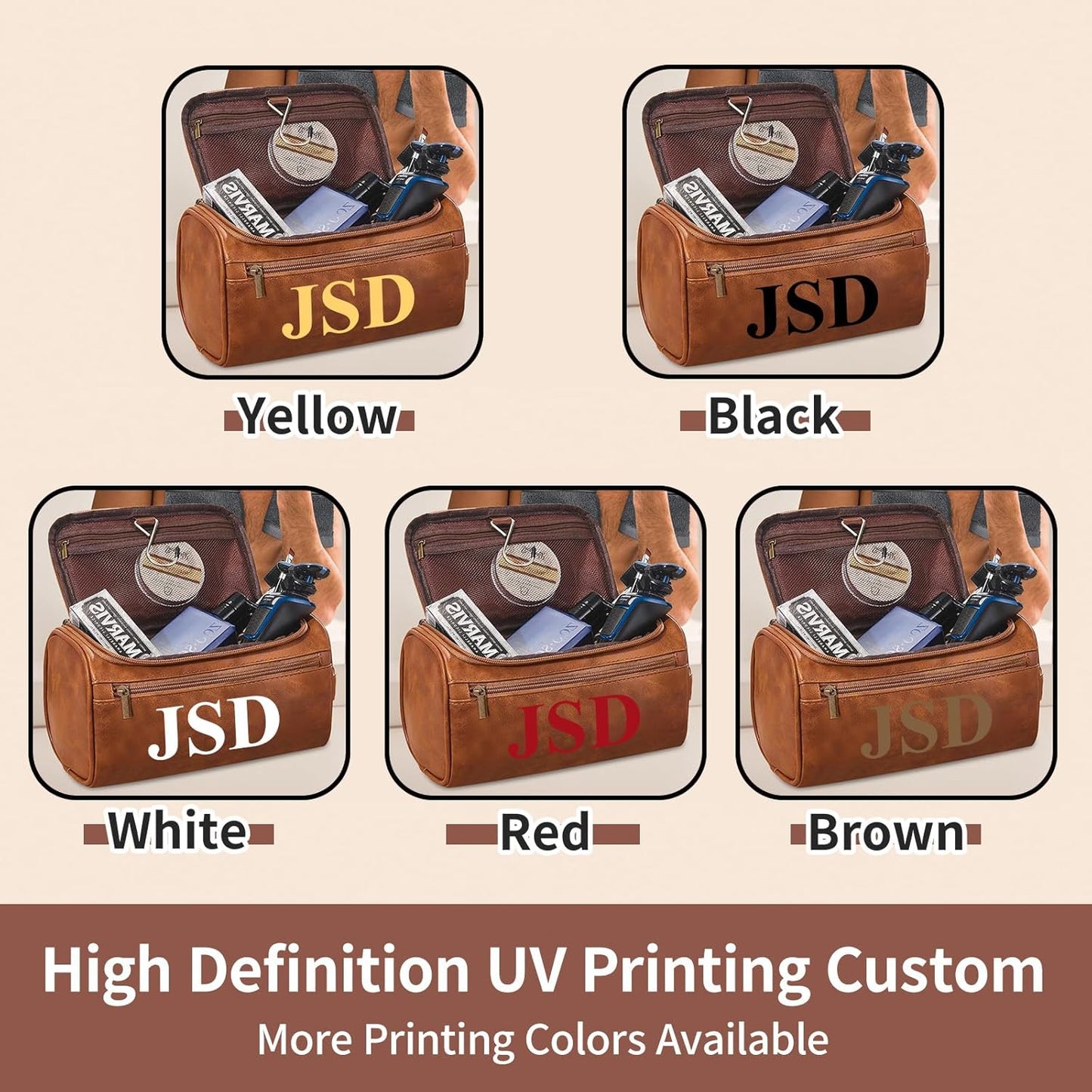 BLEGGEIT Personalized Leather Toiletry Bag For Men with Hook, Groomsmen Gifts Travel Bag UV Printing Name Monogram PU Leather Gift Anniversary Gift For Him Husband Father Leather Dopp Kit