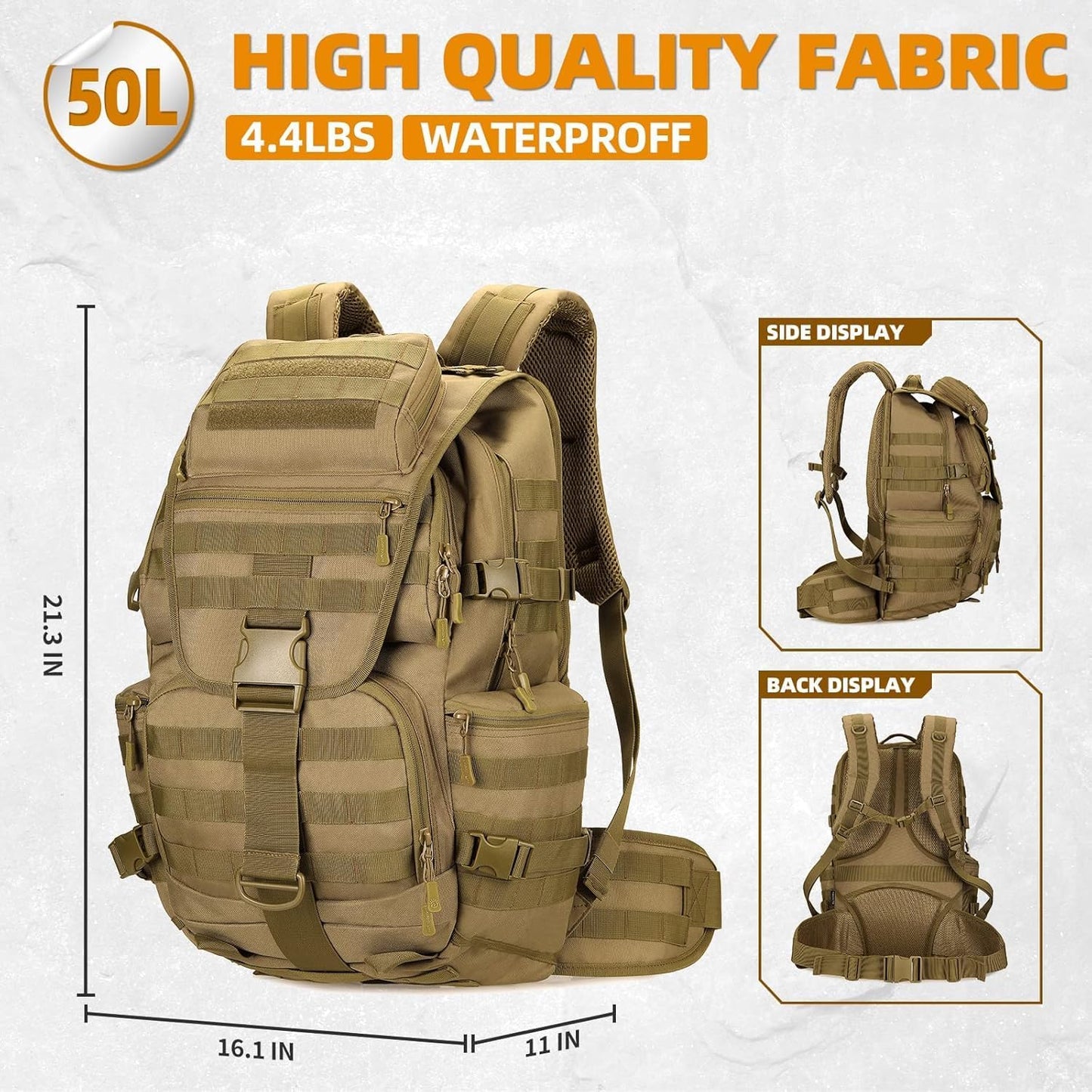50L Military Tactical Backpack 3 Day Assault Pack Molle Daypack Hiking Backpack for Men and Women (Khaki)