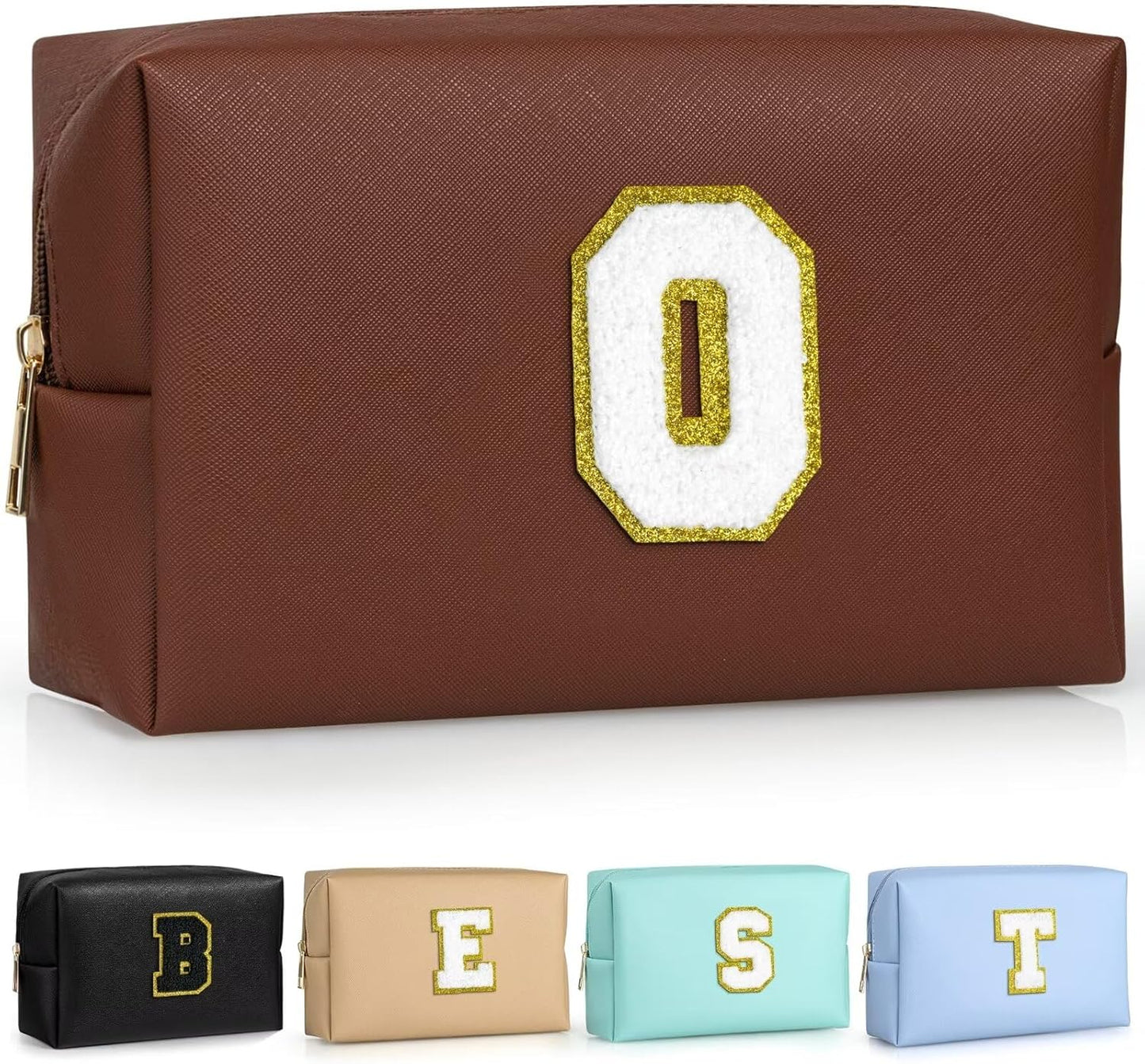 TOPEAST Small Makeup Bag Initial Cosmetic Bag Travel Toiletry Bag, Personalized Birthday Gift for Mom Sister Friends Teacher Nurse, Preppy Travel Stuff for Girls (Brown O)