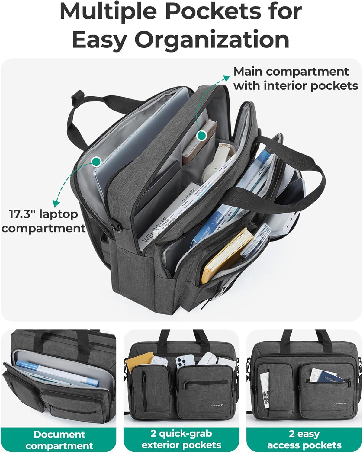 BAGSMART 3 In 1 Laptop Bag for Men, Computer Briefcase 17.3 Inch Laptop Water-Repellent Shoulder Bag, Computer Bag Business Travel Office, Black