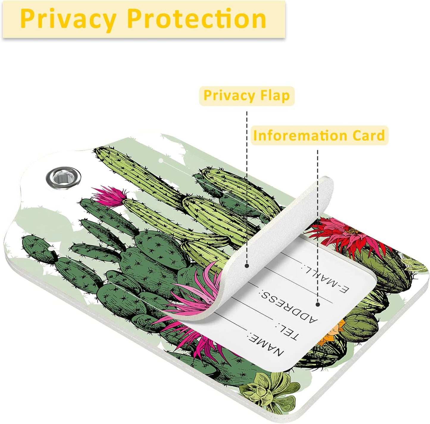 2 Pack Luggage Tags for Suitcases,Green Cactus Plants with Flowers Luggage Tag,PU Leather Id Label Luggage Tags with Stainless Steel Loop and Privacy Cover for Women Men Teens Travel
