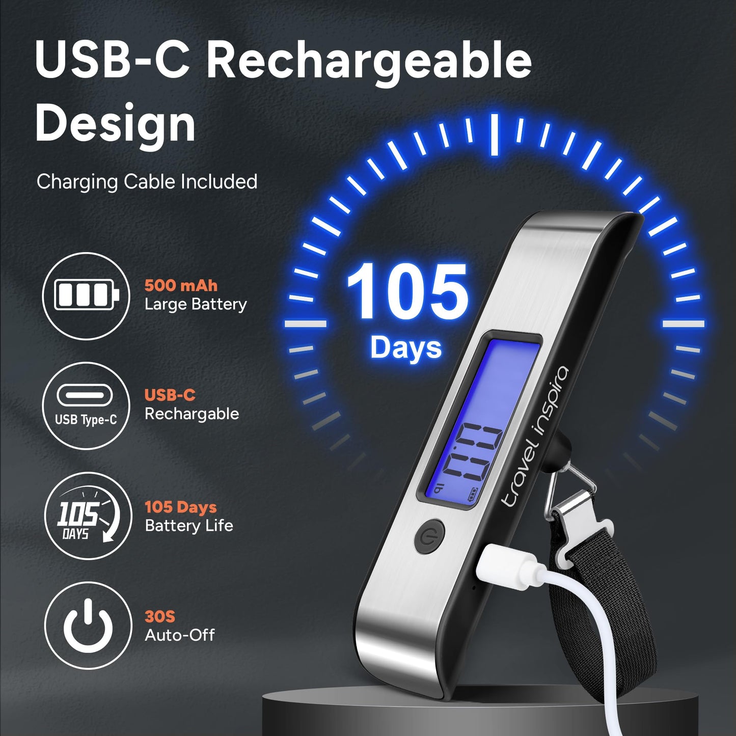 travel inspira Rechargeable Luggage Scale 110lb/50kg - Large Backlit Display - Stainless Steel