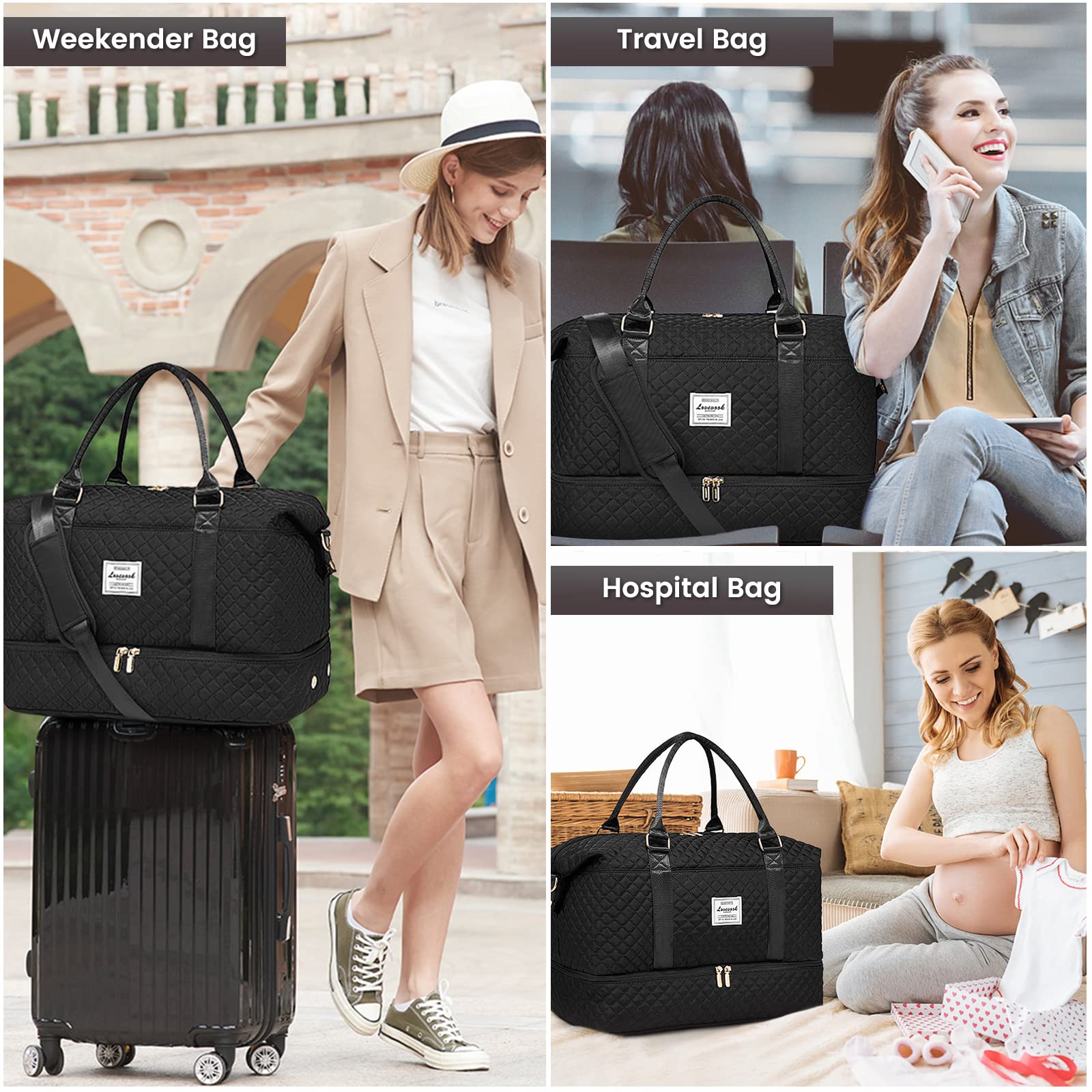 LOVEVOOK Travel Duffle Bag, Weekender Bags for Women with Shoe Compartment, Carry on Overnight Bag
