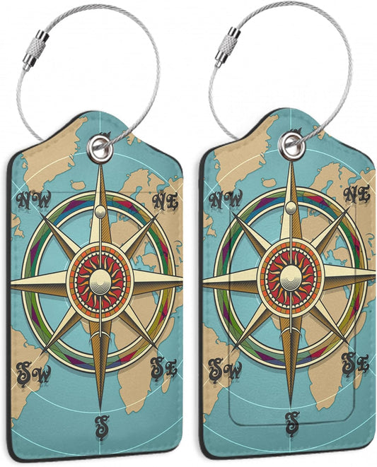 Luggage Tags for Suitcase,2 Pack Nautical Compass Luggage Tag World Map Leather Privacy Cover ID Label with Stainless Steel Loop for Women Men Kids Girls Travel