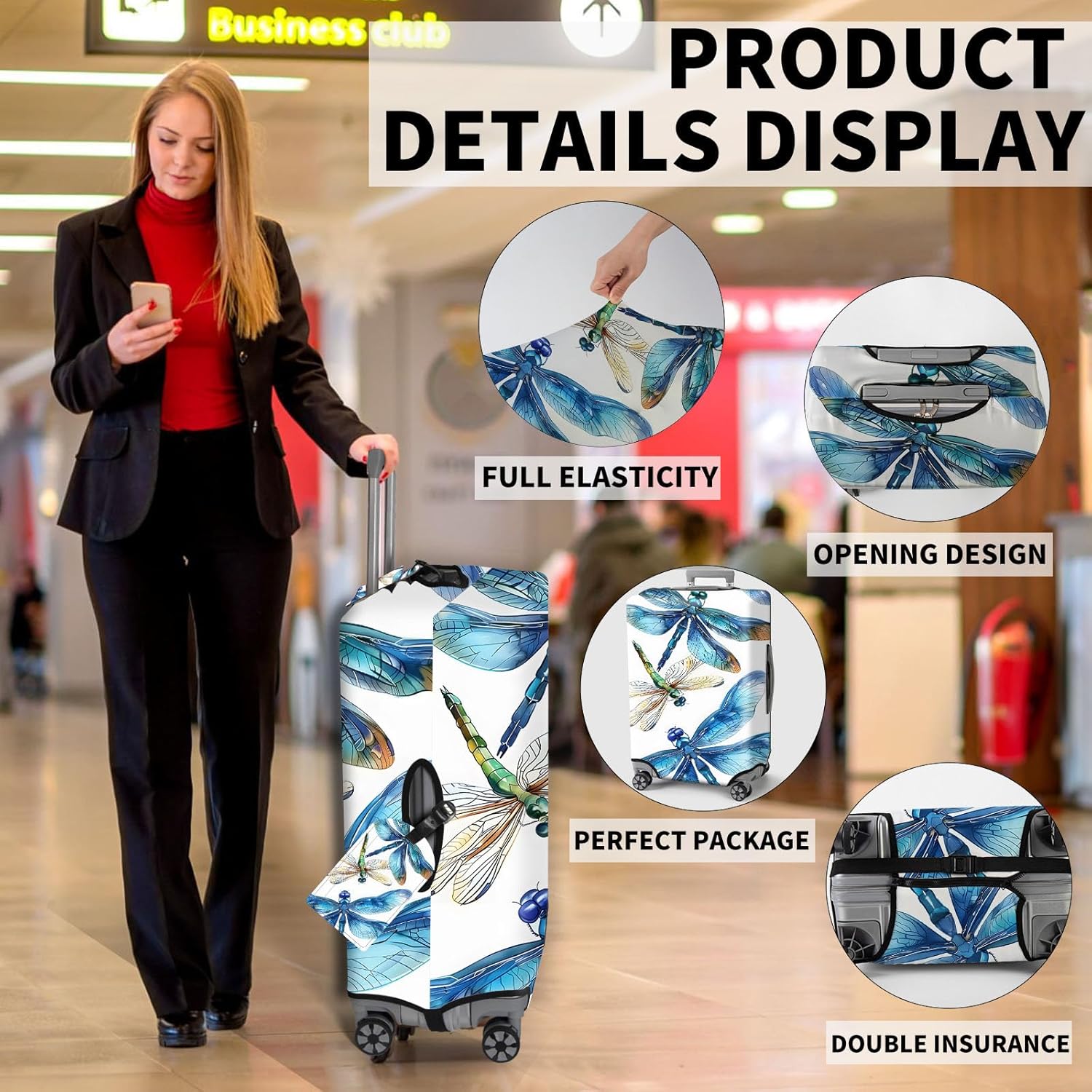 Travel Accessory - Blue Beautiful Dragonfly Suitcase Cover Set (S, 18-20 inch), Waterproof, Zipper