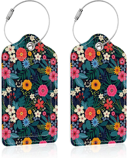2 Pack Luggage Tag for Suitcase,Colorful Flowers PU Leather Suitcase Tags Identifiers with Privacy Name Address Labels and Steel Loop for Women Men Travel