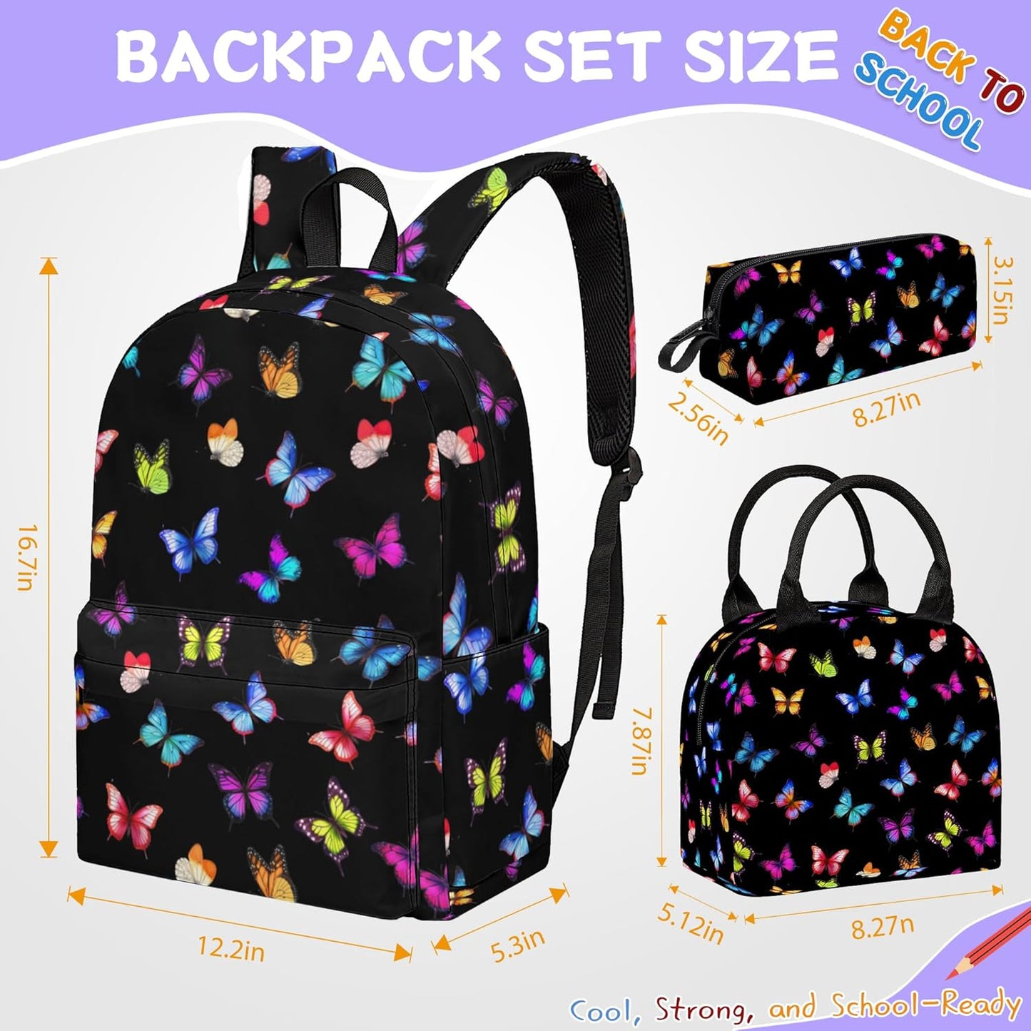 3PCS Butterfly Backpack Set for Girls, Large Lightweight 17 Inch Backpack with Lunch Box & Pencil Case for Kids, Back to School Bookbag for Elementary Middle School