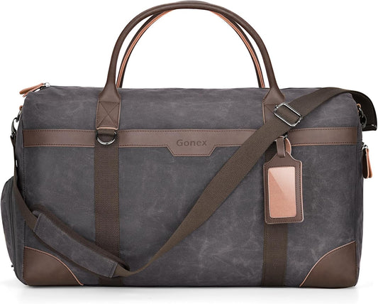 Gonex Waxed Canvas Duffle Bag for Travel, Water-resistant Vintage 55L Duffel Weekender with Shoes Compartment & Luggage Tag, Heavy-duty Overnight Bag with Suitcase Handle Sleeve for Men, Dark Grey