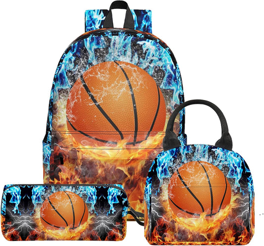 3PCS Basketball Backpack Set for Boys, Large Lightweight 17 Inch Backpack with Lunch Bag & Pencil Case for Kids, Back to School Cool Sports Bookbag for Elementary Middle School - Fire