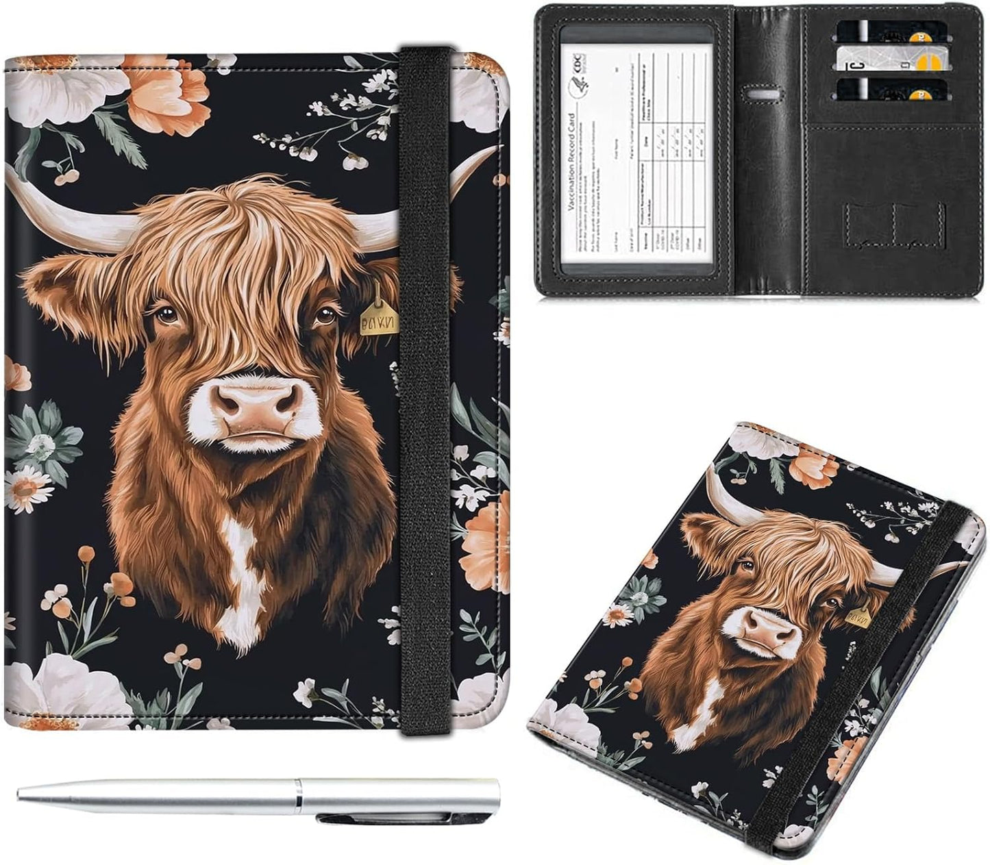 Passport and Vaccine Card Holder Cover Combo,Travel Passport Holder Wallet with RFID Blocking, Leather Vaccine Card Slot Passport Cover Case for Women & Men,Cute Floral Cow