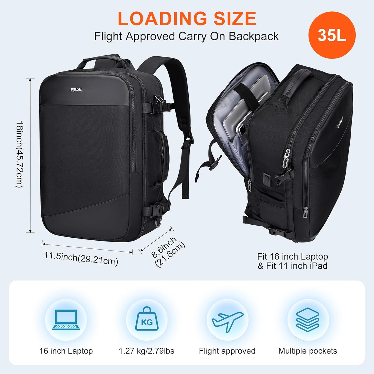 PIJUSHI Travel Backpack for Women Men Carry on Suitcase Backpack Flight Approved Personal Item Bag Fits 16 Inch Laptop(PE035 Black)