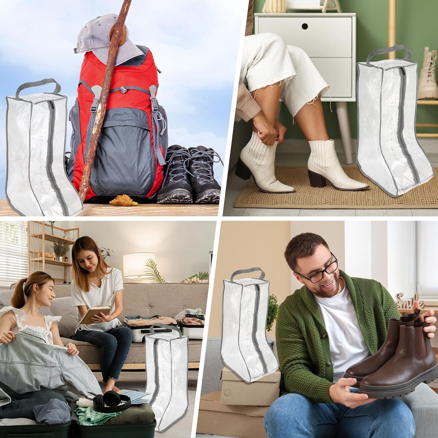 Boot Storage Bags [2PCS] - Plastic Tall Boot Carry Bags Clear Shoe Bags with Handle for Travel & Daily Use - [Gray] Waterproof & DustProof Boot Bags for Cowboy Boots