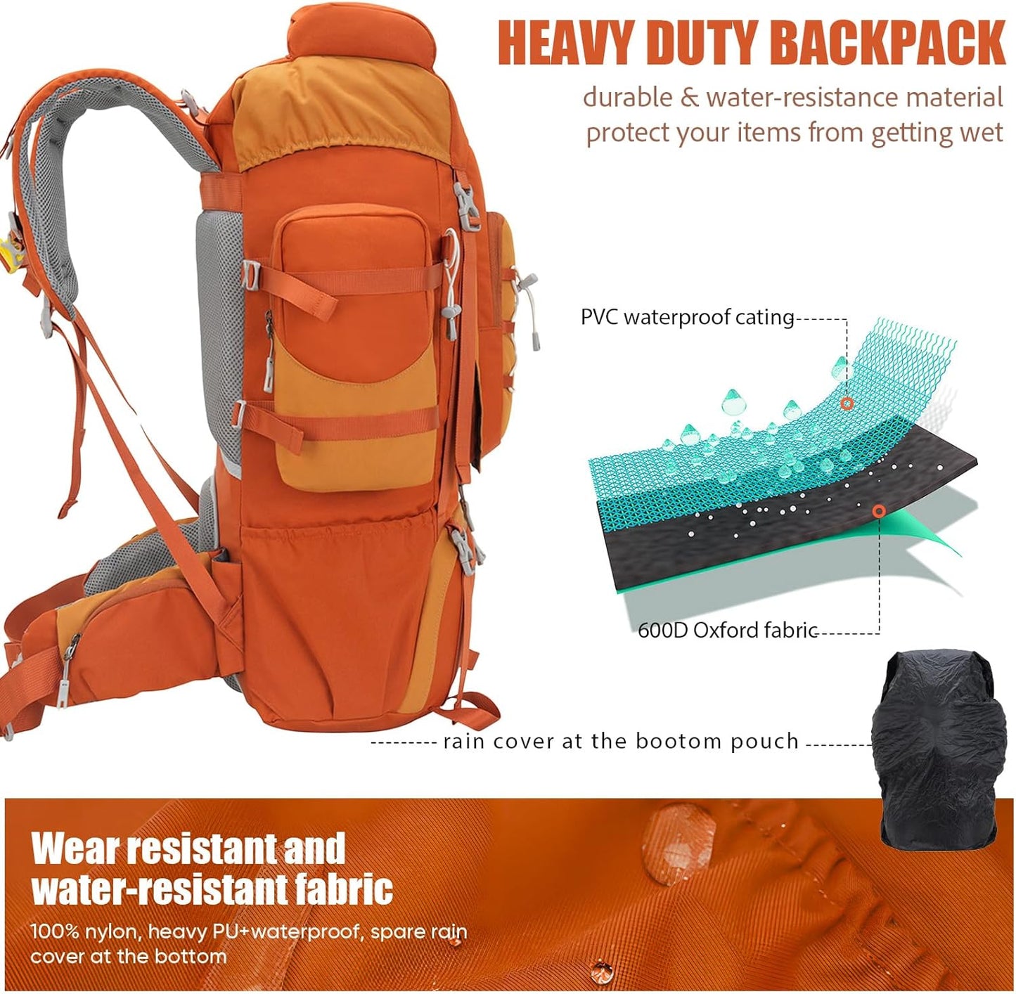 Bseash 70L (65+5) Waterproof Hiking Camping Backpack with Rain Cover, Outdoor Sport Travel Daypack for Climbing Touring (Orange)