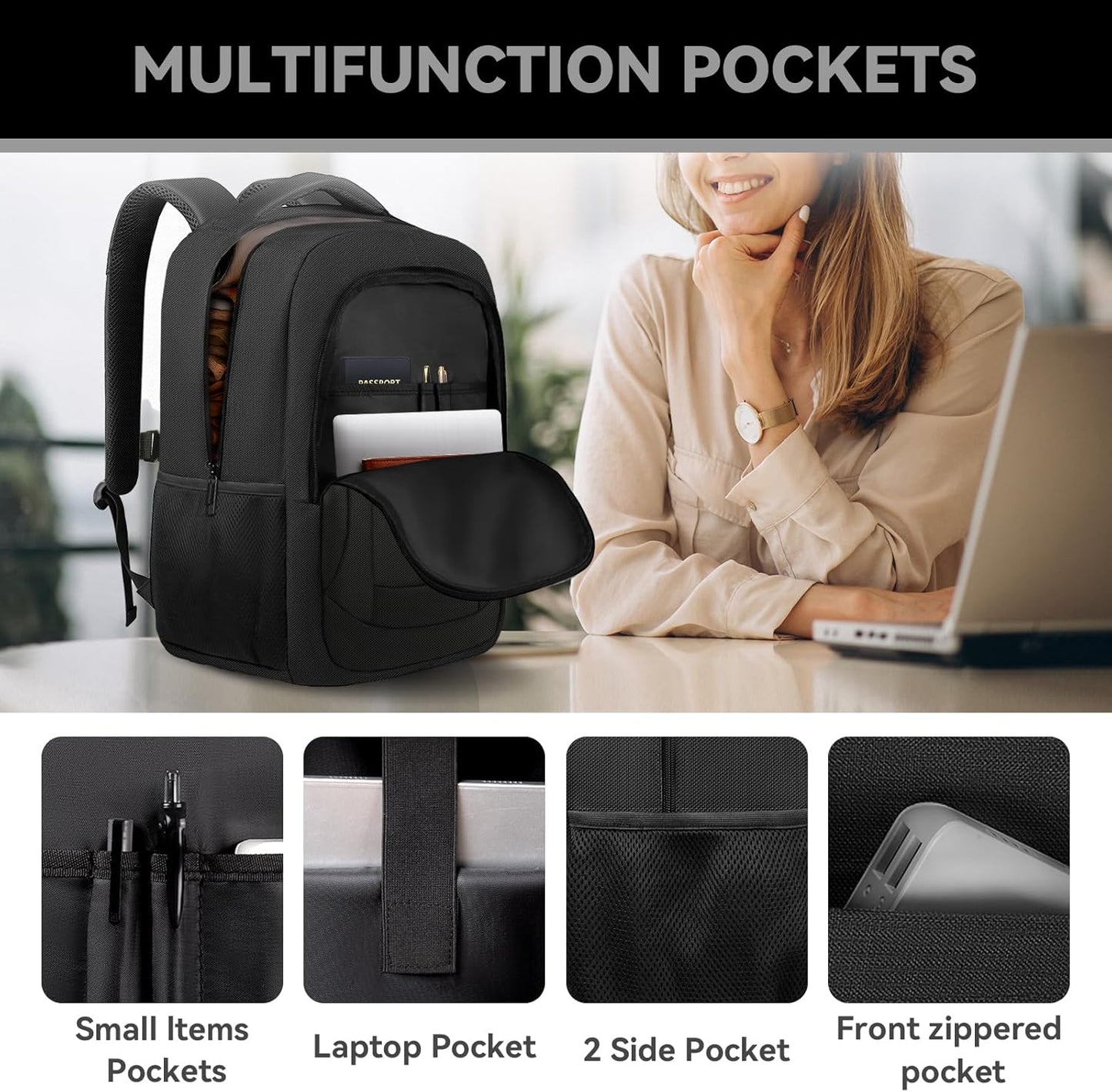 Large Travel Laptop Backpack, 17 Inch Laptop Backpack Airline Approved, Business Anti Theft Slim Sturdy Work Computer College High School Backpack Bag Fits 17.3 Inch Notebook for Men Women, Black