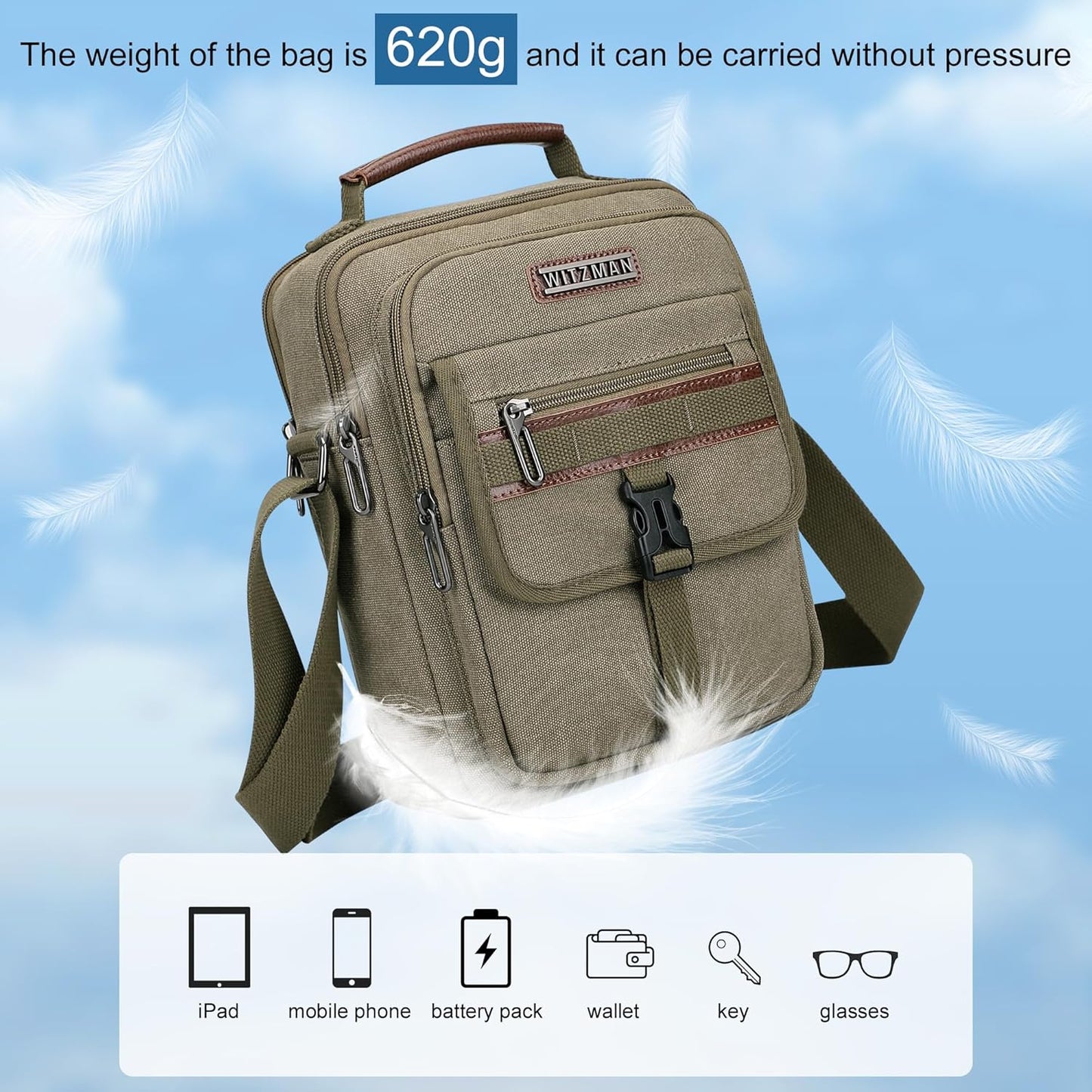 WITZMAN Crossbody Bag for Men Canvas Messenger Bags Vintage Man Purse Small Casual Shoulder Bag for Work Traveling
