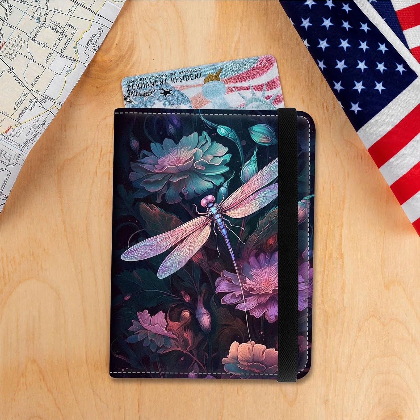 Passport Holder Cover Wallet Travel Essentials RFID Blocking Case Leather Passport Cover Wallet Vaccine Card Slot Organizer for Men Women, Dragonfly