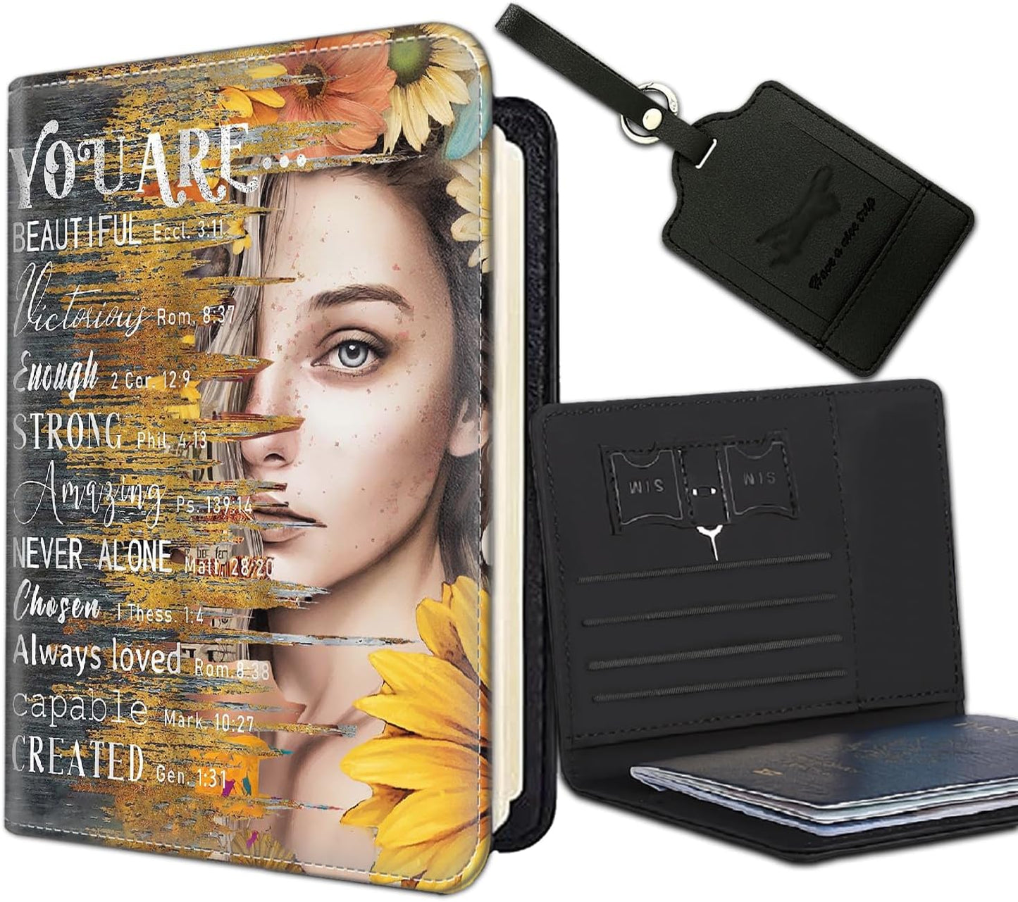 Passport Holder Women Wallet with Luggage Tag, Leather Passport Cover with RFID Blocking, Travel Accessories Multi Card Slot Passport Case for Men，Sunflower Girl Inspirational Quotes