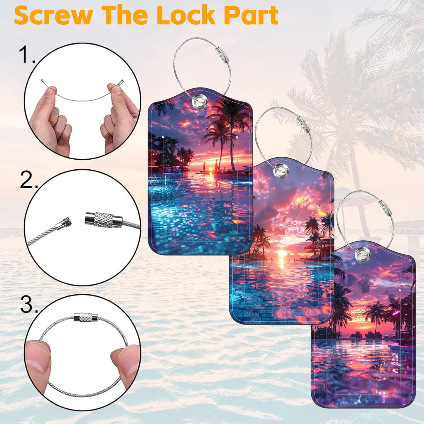 3 Pack PU Leather Luggage Tag for Suitcase Sunset Palm Tree Swimming Pool Suitcase Tags with Privacy Name ID Label and Stainless Steel Loop for Travel Bag