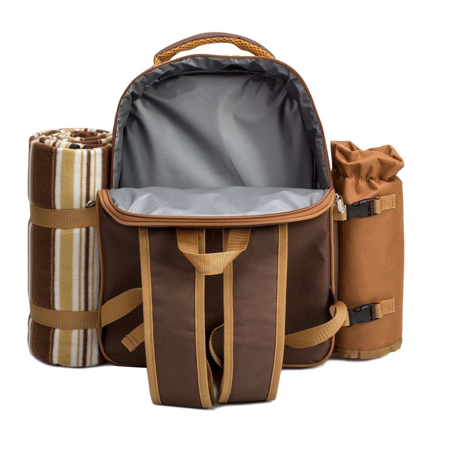 Picnic Backpack, 4-Person with Blanket & Wine, Family & Lovers Gift, Brown