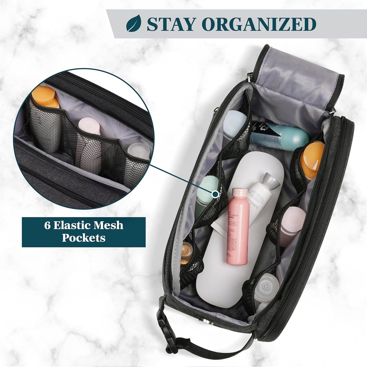 PAVILIA Toiletry Bag for Men, Canvas Travel Dopp Kit, Extra Large Water Resistant Hygiene Bag Toiletries Organizer, Shaving Kit Travel Accessories Bag, Black, Extra Large