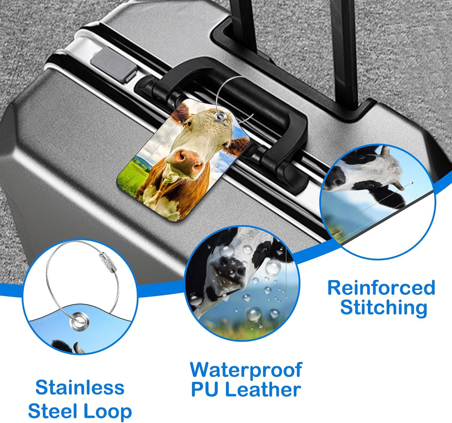 2 Pack Funny Cow Luggage Tags PU Leather Suitcase Tags with Stainless Steel Loop Privacy Cover ID Label for Women Men Travel Bag Accessories