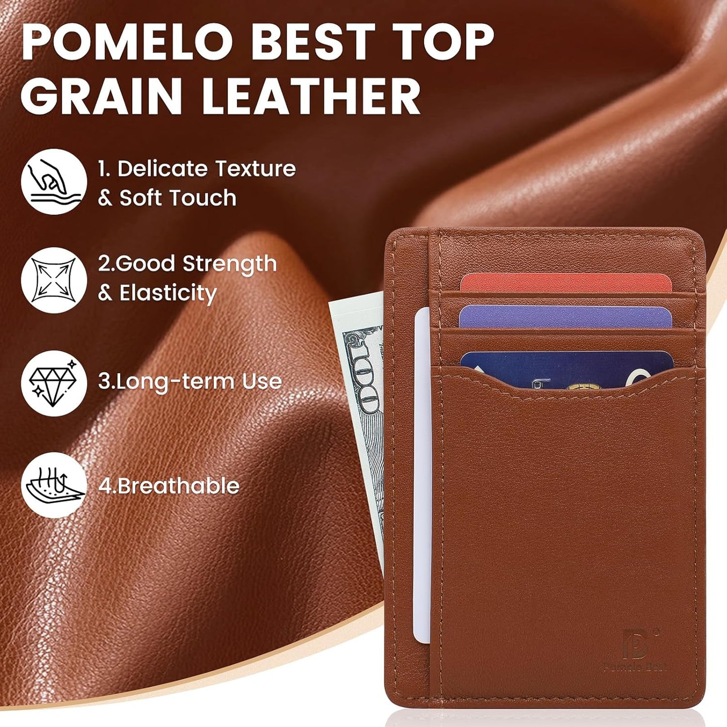 Pomelo Best Top Grain Genuine Leather Wallet for Men and Women, Slim Minimalist Front Pocket RFID Blocking Card Holder for Travel, Gifts, Brown