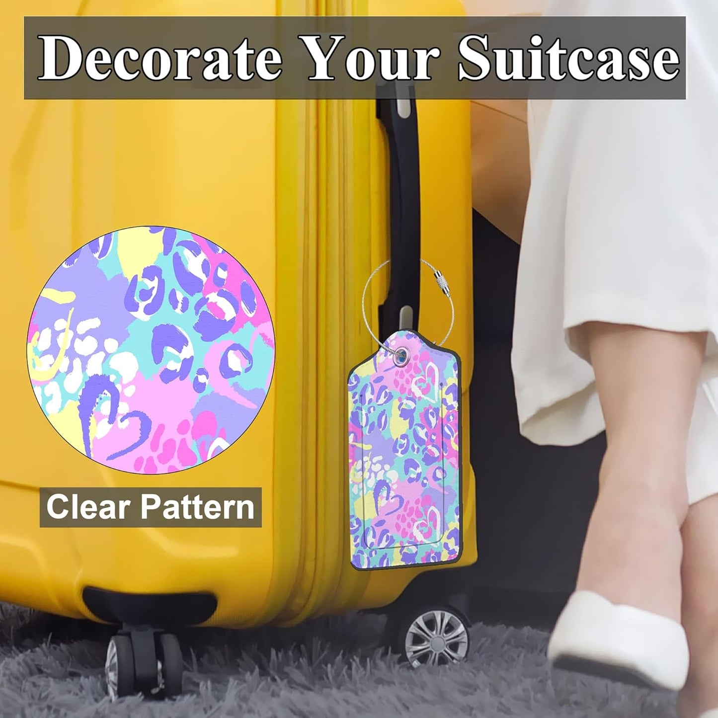 Set of 2 Luggage Tags for Suitcases, Leather Abstract Leopard Print with Hearts Baggage Tags and Stainless Steel Loop, Privacy Name ID Card Cover Travel Labels for Women Men Kids Girls