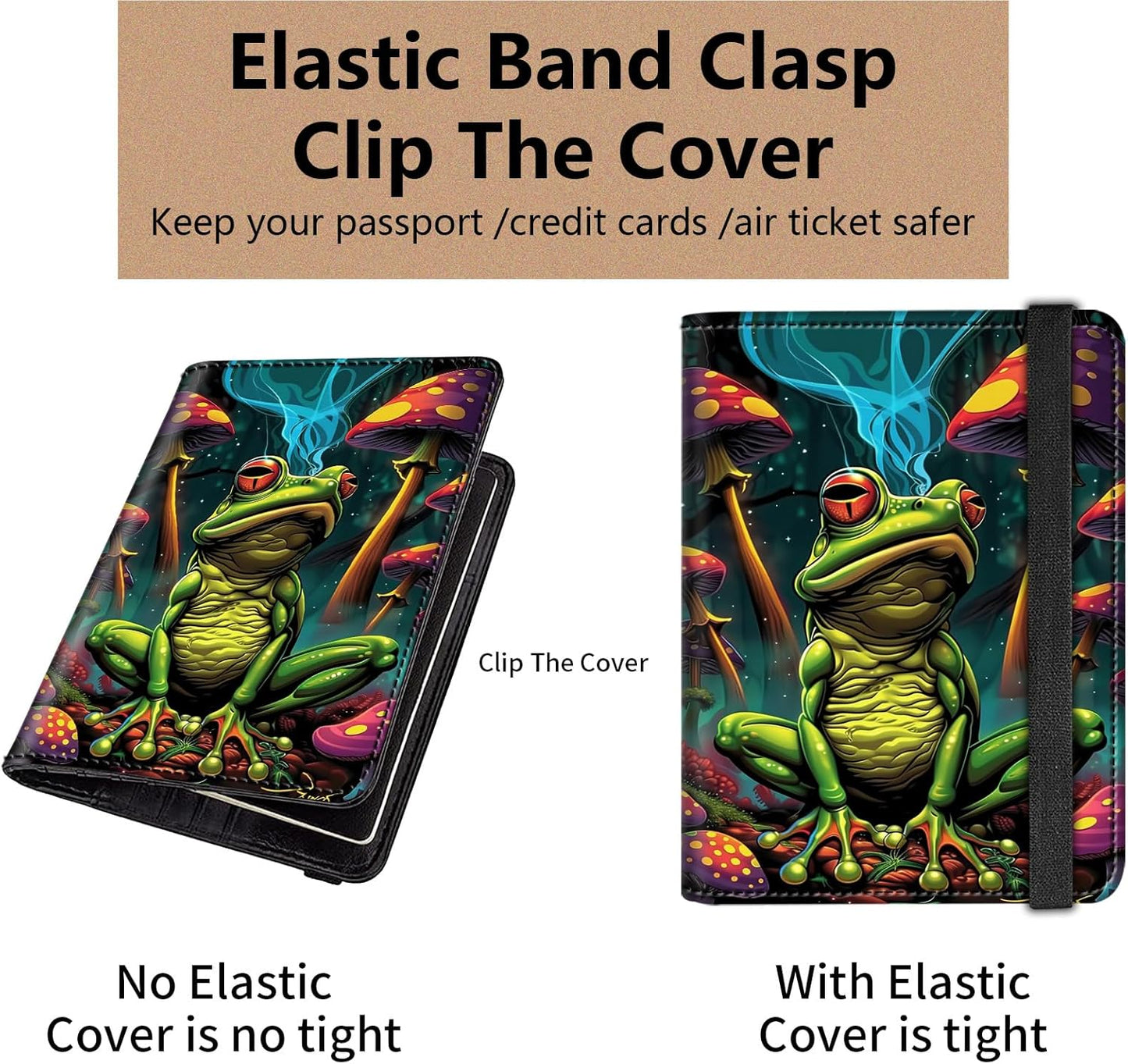 Passport and Vaccine Card Holder Cover Combo,Travel Passport Holder Wallet with RFID Blocking, Leather Vaccine Card Slot Passport Cover Case for Women & Men,Green Frog and Mushroom