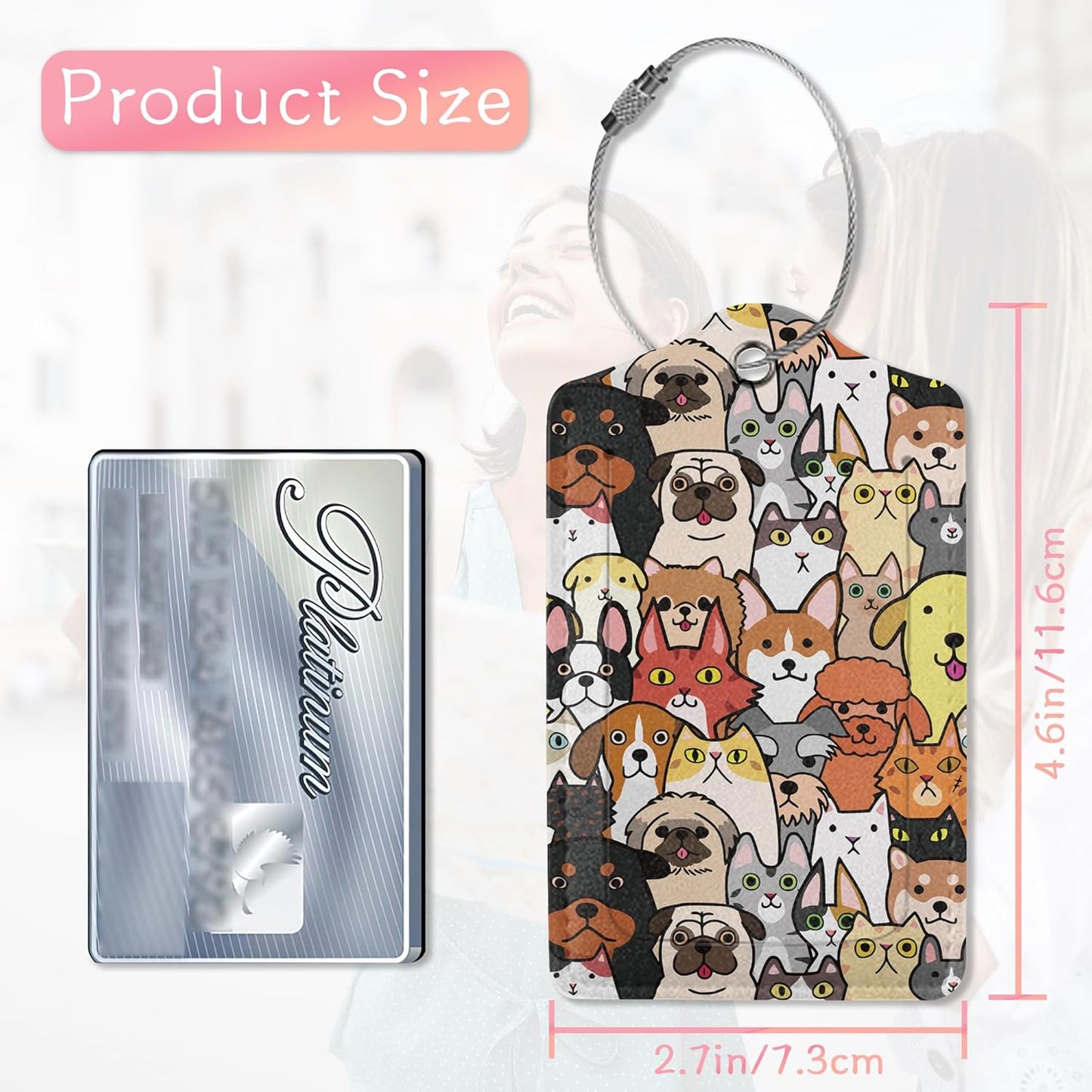 Luggage Tags for Suitcase, 2 Pack Cute Dogs Cats Luggage Tag with Privacy Flap Leather Travel Cruise, Name ID Label and Metal Loop for Women Men Girls Suitcase Baggage Bag Backpack
