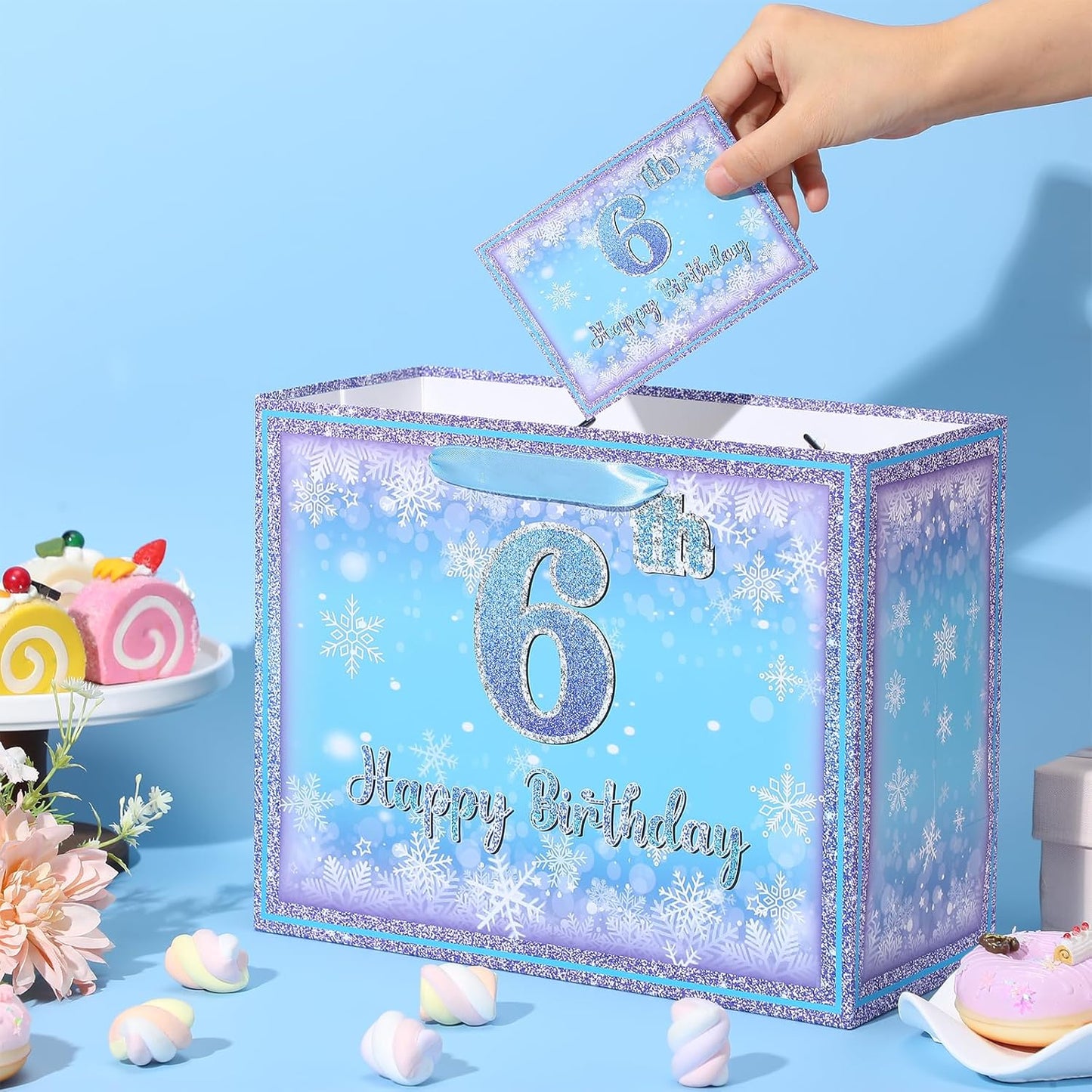 Frozen 6th Birthday Gift Bag for Girls, Large Purple Blue Snowflake Six Birthday Bags with Tissue Paper and Greeting Card Snow Frozen 6 Years Old Party Favor Bags for Girls 6th Bday Christmas Gift